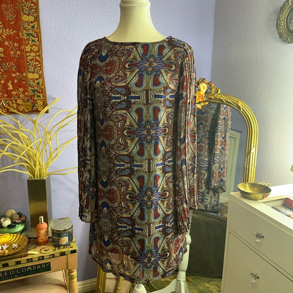 Fire Los Angeles Brown Gold Mini Sheath Dress with Long Bishop Sleeves